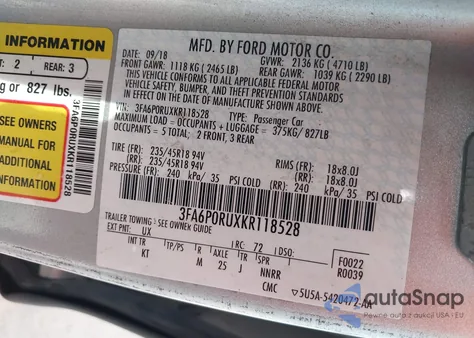 2019 Ford Fusion Hybrid Titanium z USA, uszkodzony, nr VIN 3FA6P0RUXKR118528